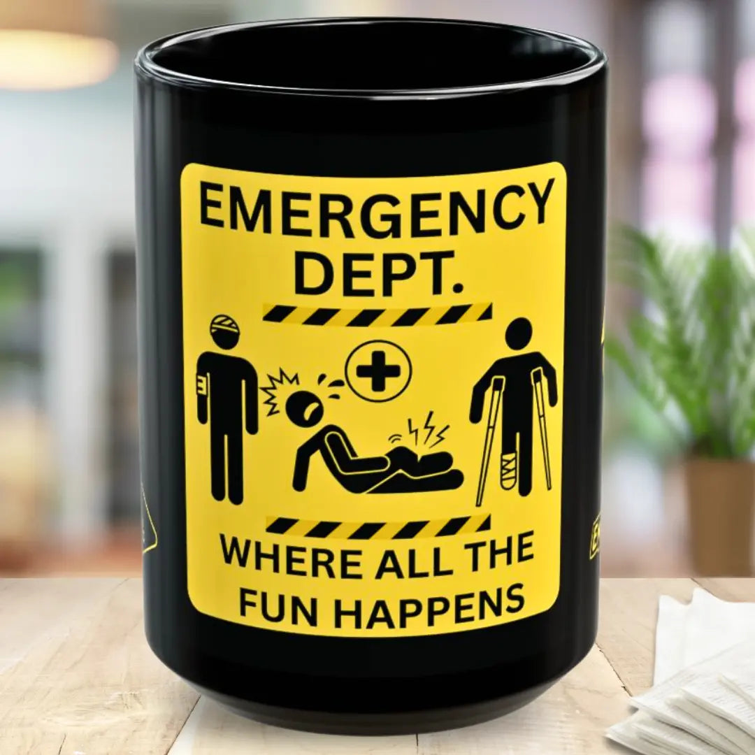 Emergency department logo on a black ceramic mug with injured figurines 