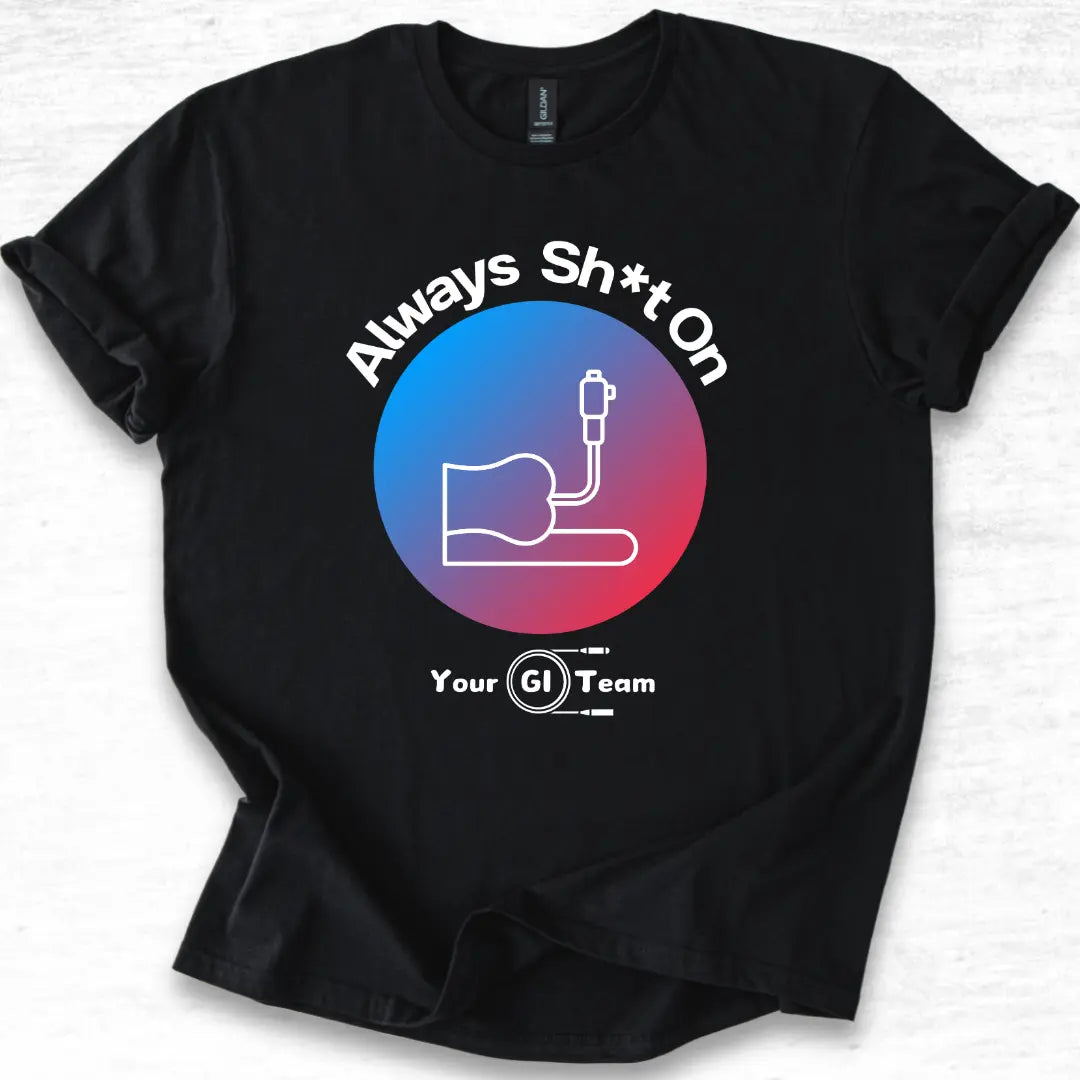 Black t-shirt with colorful graphic and 'Always Shit On' text on a white background