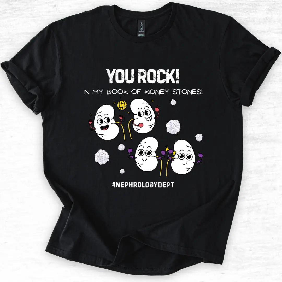 Black t-shirt with cartoon kidneys and 'You Rock In My Book Of Kidney Stones' text on a light gray background