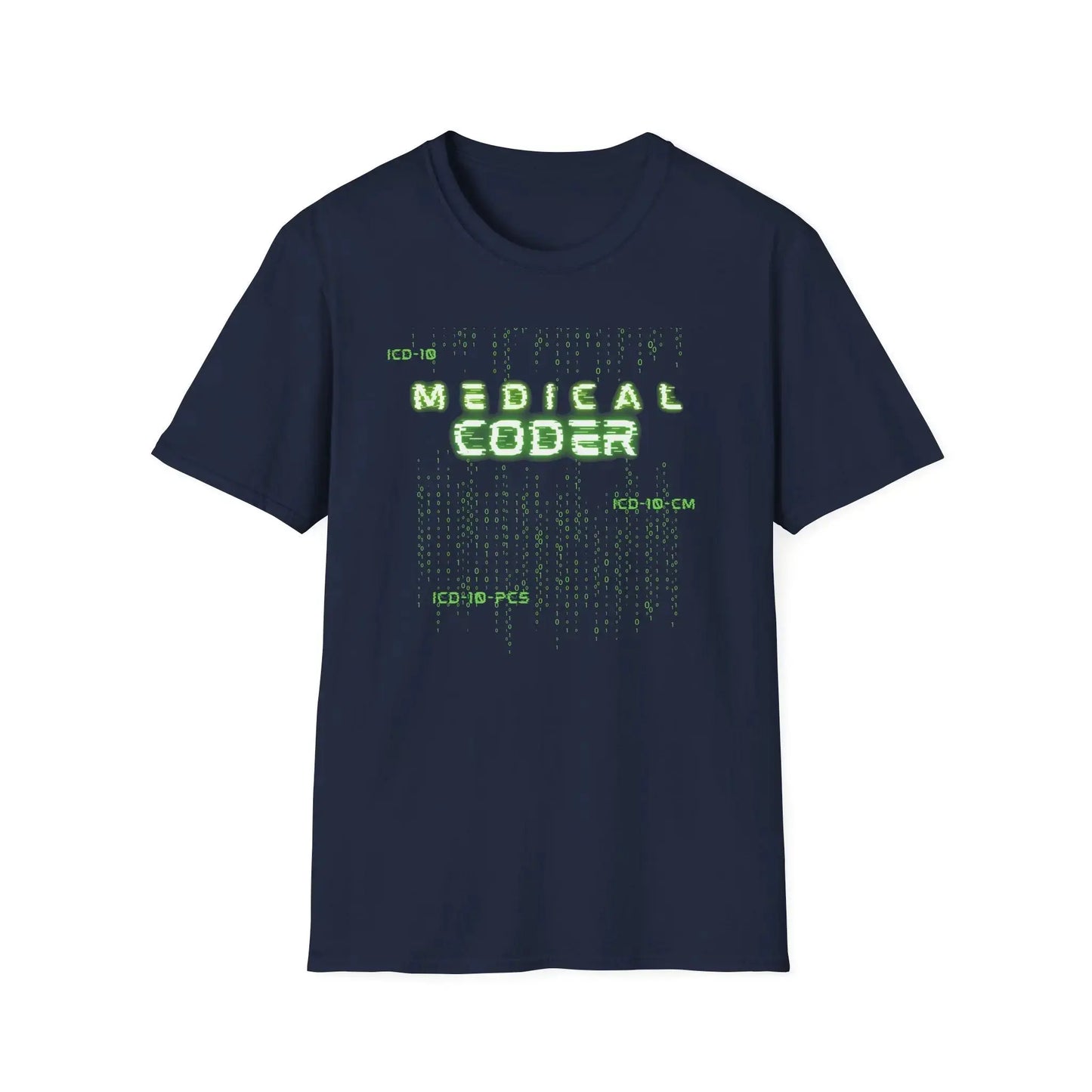Navy Medical Coder T-Shirt With Matrix Coding design on a white background