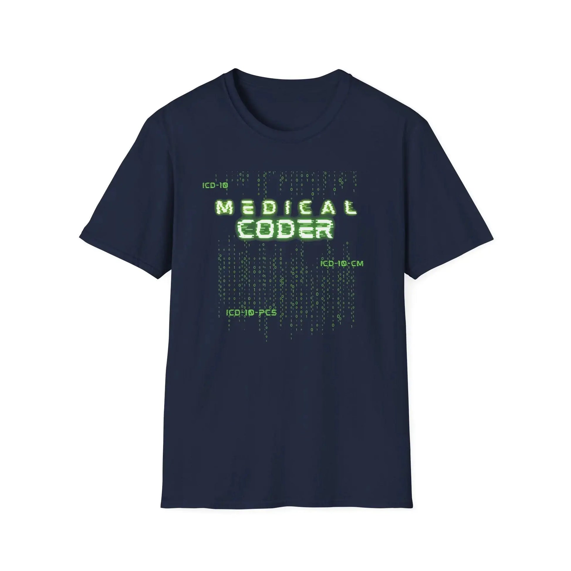 Navy Medical Coder T-Shirt With Matrix Coding design on a white background