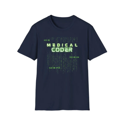 Navy Medical Coder T-Shirt With Matrix Coding design on a white background