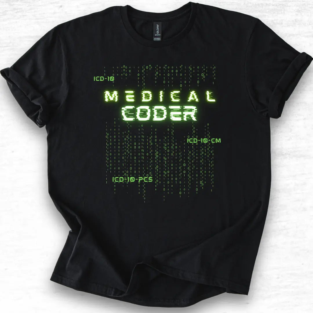 Custom Graphic Medical Coder T-Shirt Black with green graphics