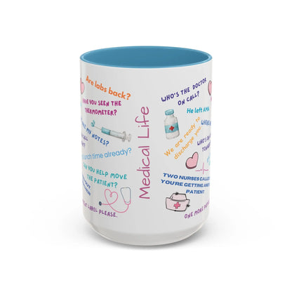 Mug with humorous medical-themed text and graphics on a white background