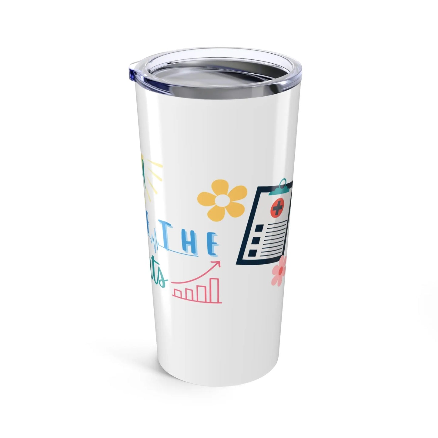 White tumbler with colorful graphics and text on a white background