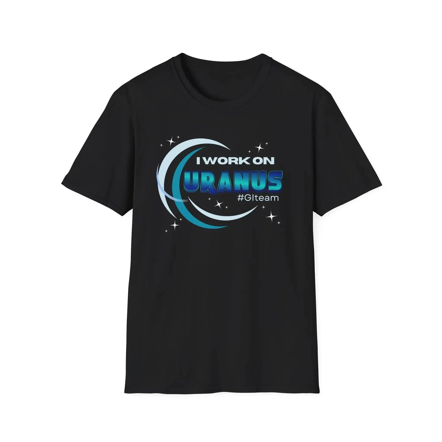 Black t-shirt with 'I Work on Uranus' graphic design on a white background