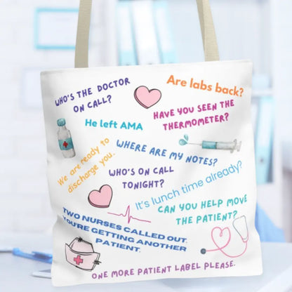 Tote bag with humorous medical-themed text and graphics on a light background