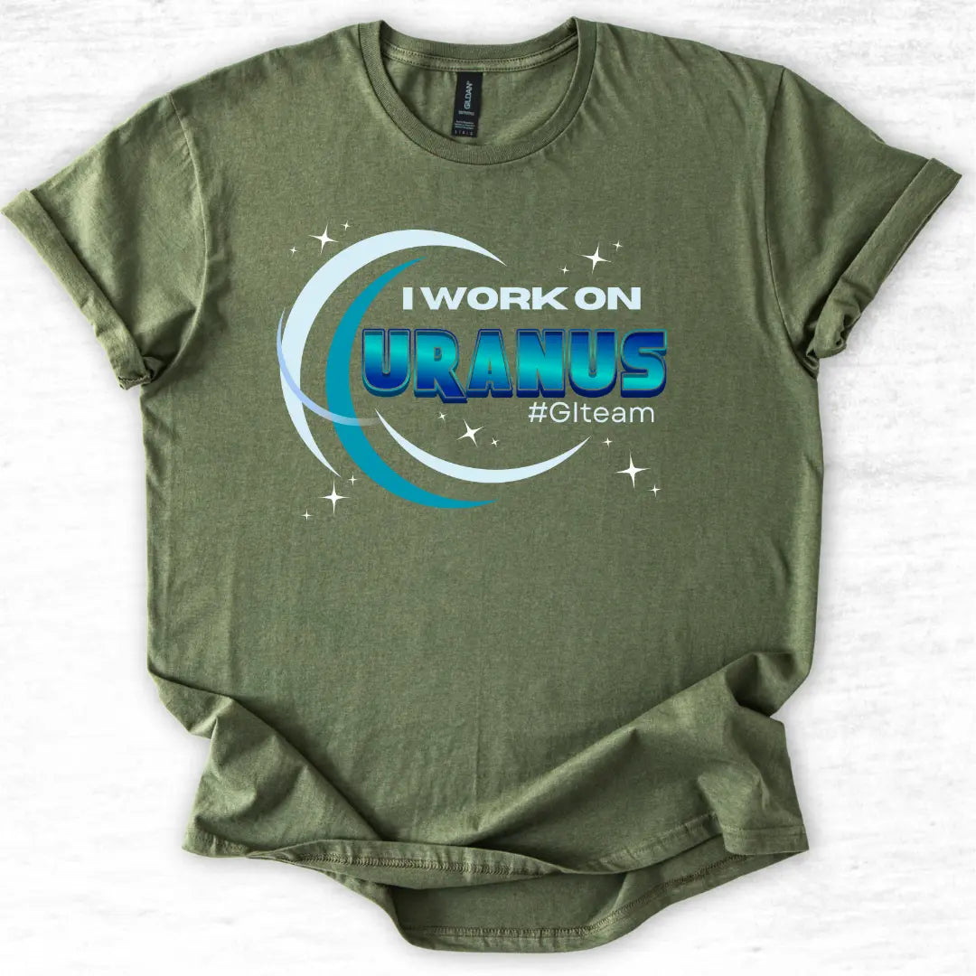 Green t-shirt with funny 'I Work on Uranus' text and space graphic design on a white background