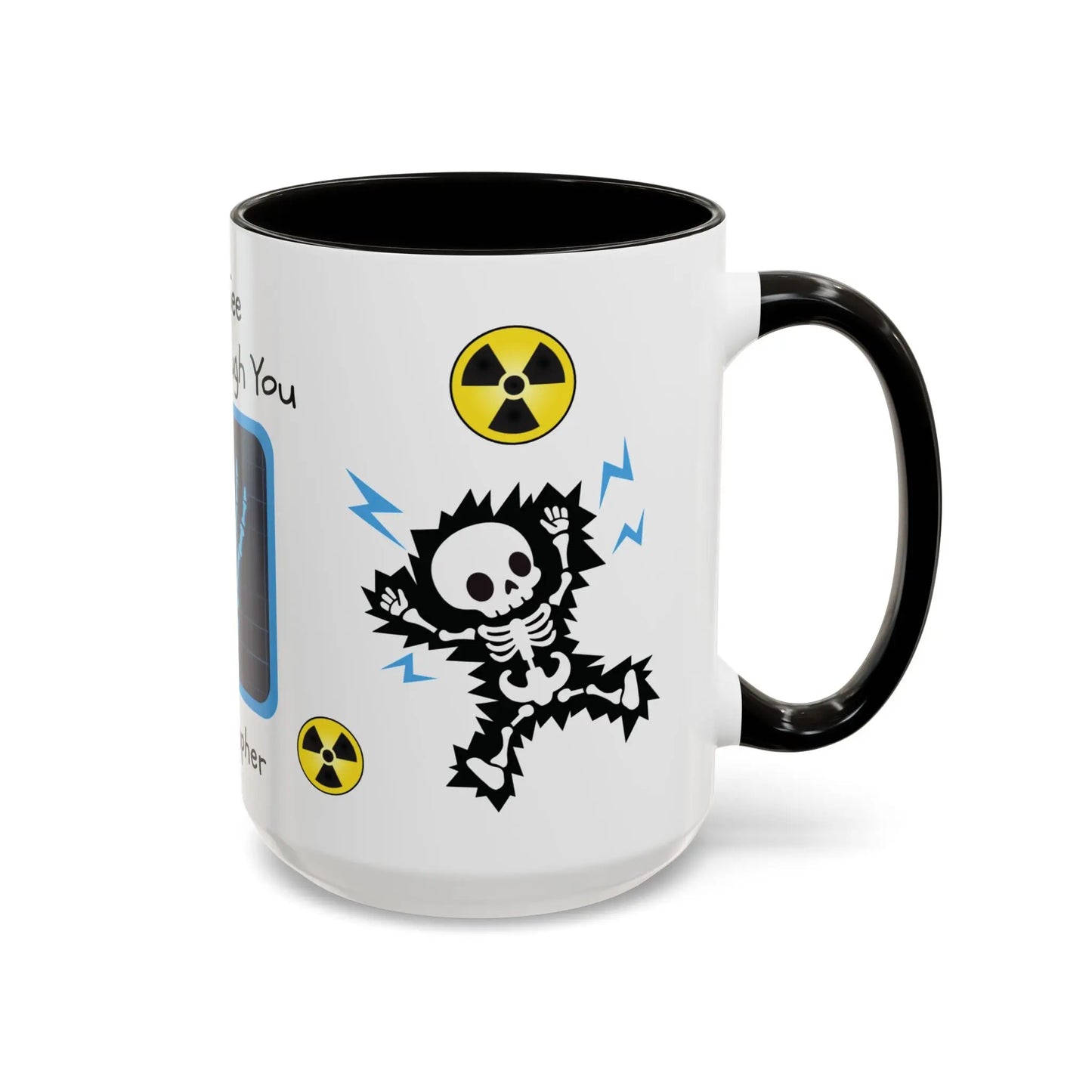 White mug with black interior and handle, featuring a skeleton design and radiation symbols on a white background.