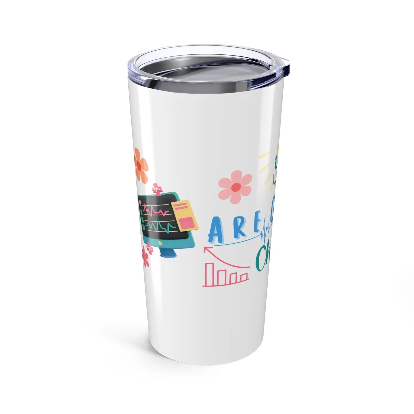White tumbler with colorful medical designs and 'You Are Off The Charts' text on a white background