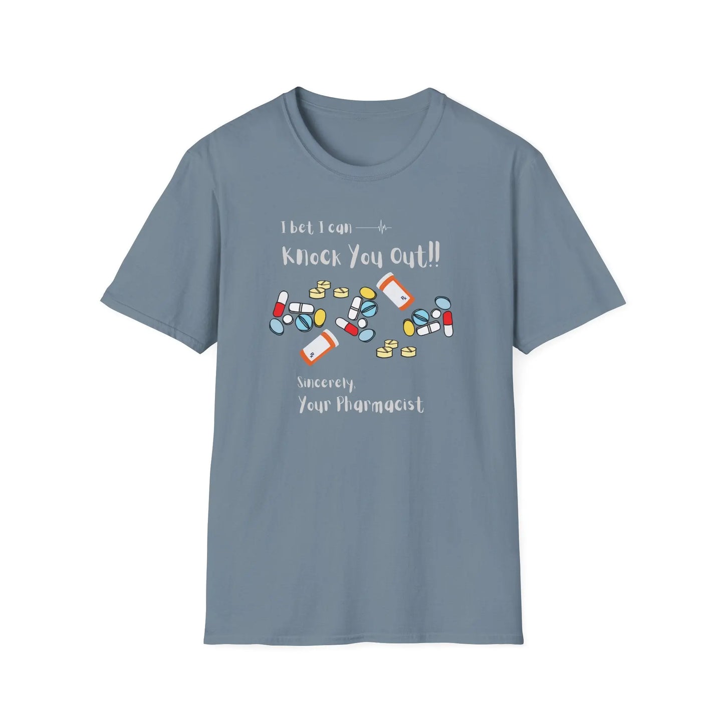 Blue t-shirt with pharmacy-themed graphic and 'Knock Out' text on a white background