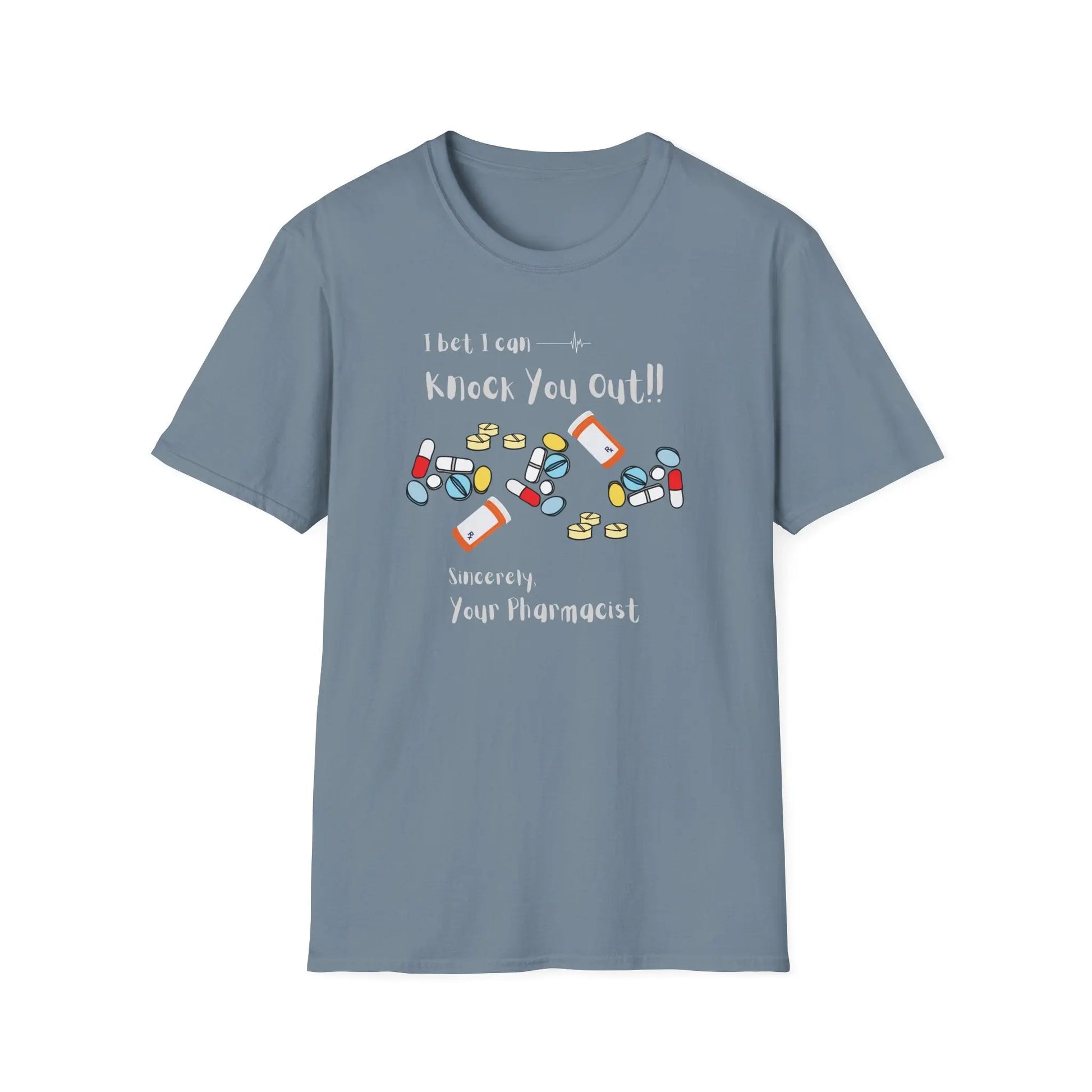 Blue t-shirt with pharmacy-themed graphic and 'Knock Out' text on a white background