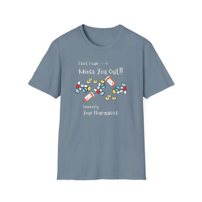 Blue t-shirt with pharmacy-themed graphic and 'Knock Out' text on a white background