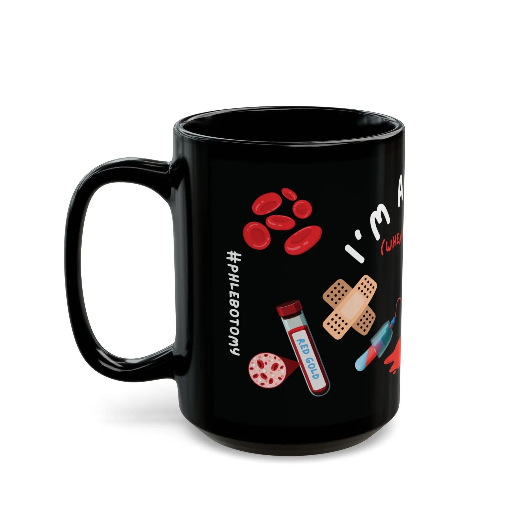 Black mug with phlebotomy-themed graphics on a white background