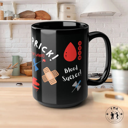 Black mug with phlebotomy-themed logo on a kitchen counter