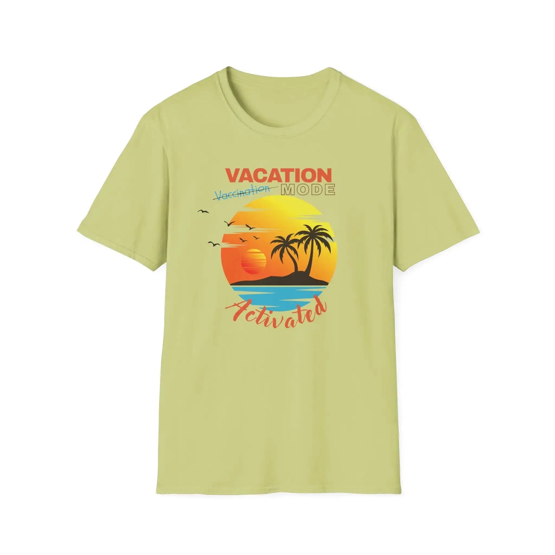 Light green t-shirt with 'Vacation Mode Activated' graphic on a white background