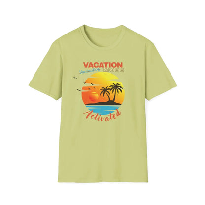 Light green t-shirt with 'Vacation Mode Activated' graphic on a white background