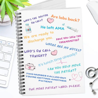 Notebook with medical-themed text and illustrations on a desk with a keyboard and stethoscope.