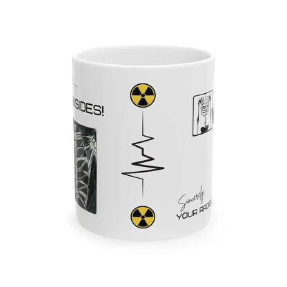 White mug with radiology-themed design featuring yellow and black radiation symbols on a white background