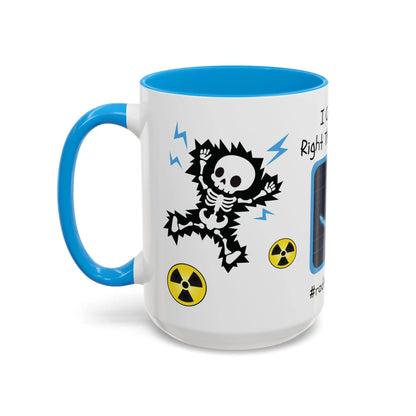 White mug with blue handle and interior, featuring a skeleton design and radioactive symbols on a white background.