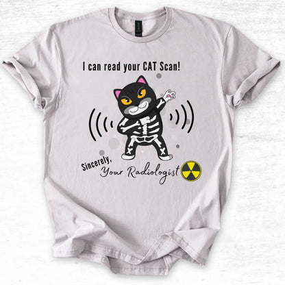 Ice gray t-shirt with a cartoon cat in a radiologist outfit and 'I Can Read Your Cat Scan' text on a white background