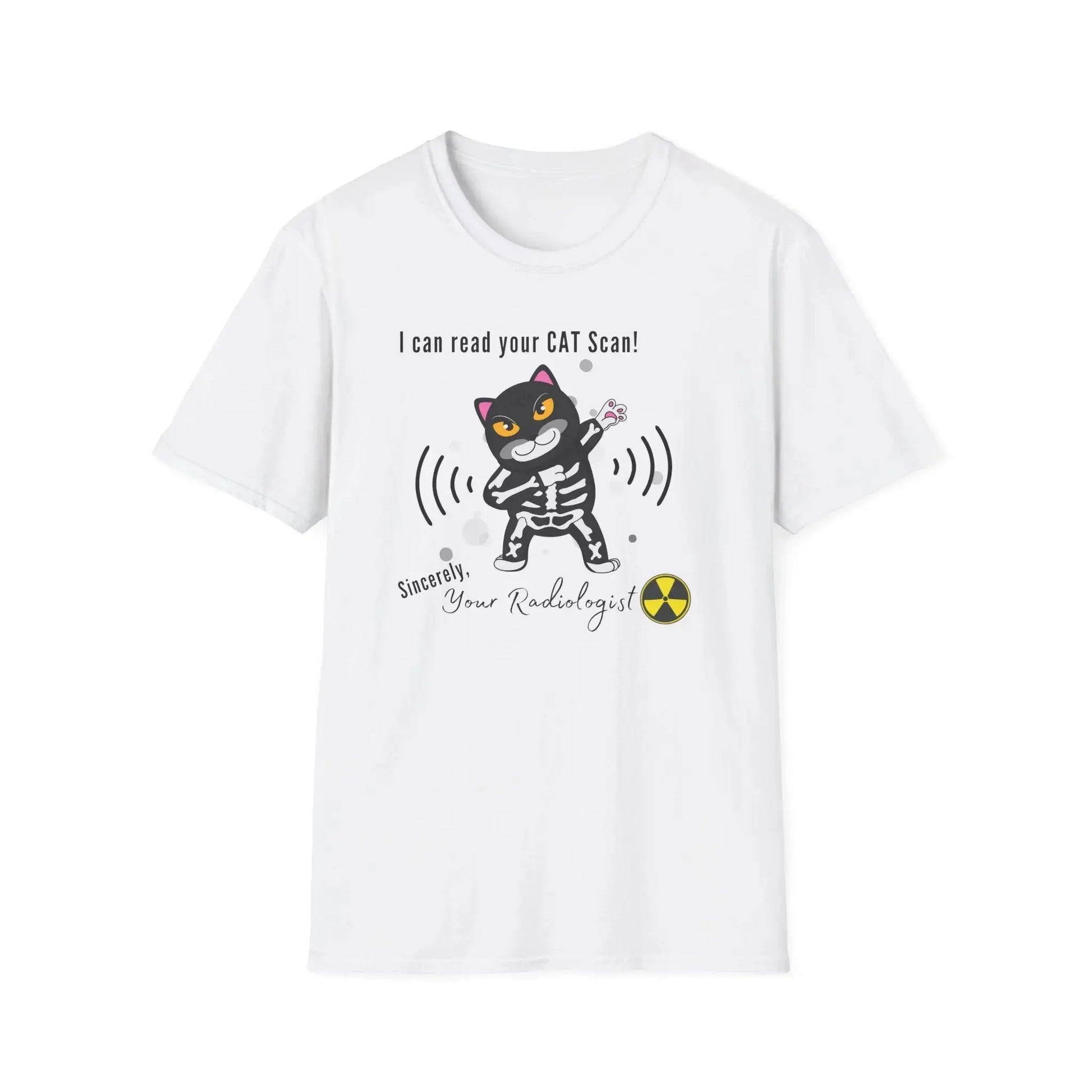 White t-shirt with a cartoon cat graphic and 'I Can Read Your Cat Scan' text on a white background