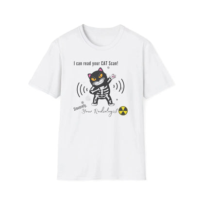 White t-shirt with a cartoon cat graphic and 'I Can Read Your Cat Scan' text on a white background
