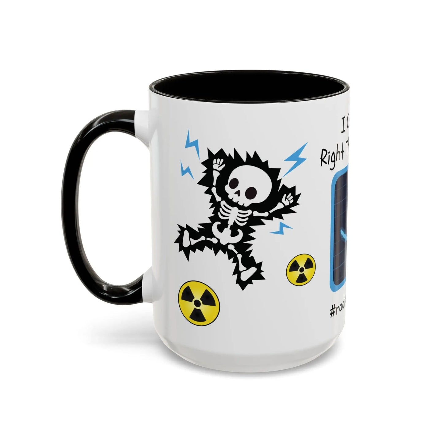 White mug with black interior with skeleton, lightning bolts, and radiation symbols on a white background.