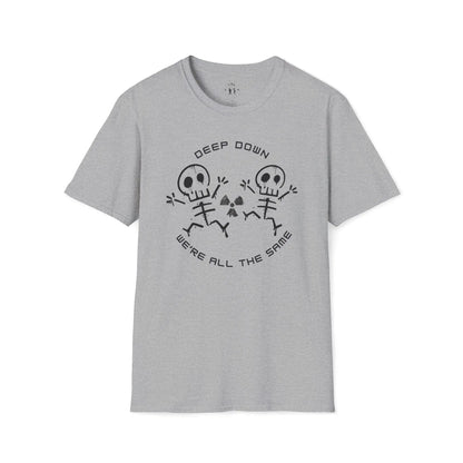Gray t-shirt with skeleton design and "Deep Down We're All The Same' text on a white background