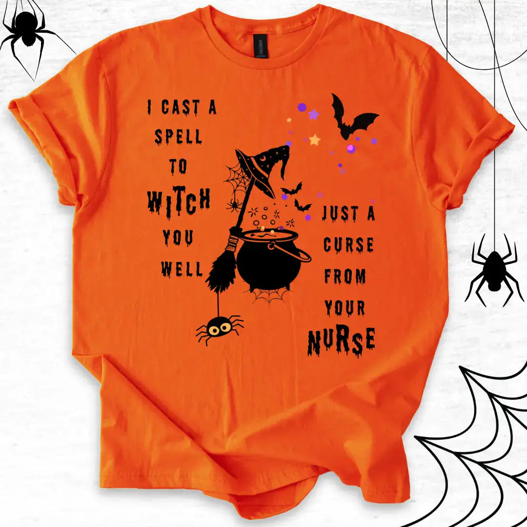Orange t-shirt 'I cast a spell to WITCH you well Just a Curse from your NURSE' text with spider illustrations
