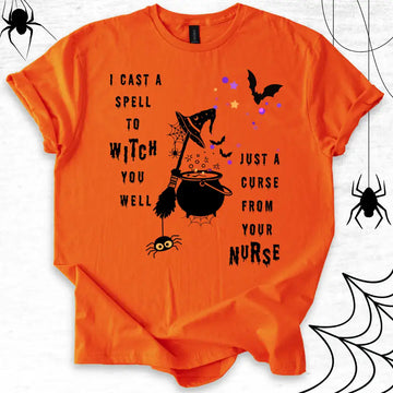 Orange t-shirt 'I cast a spell to WITCH you well Just a Curse from your NURSE' text with spider illustrations