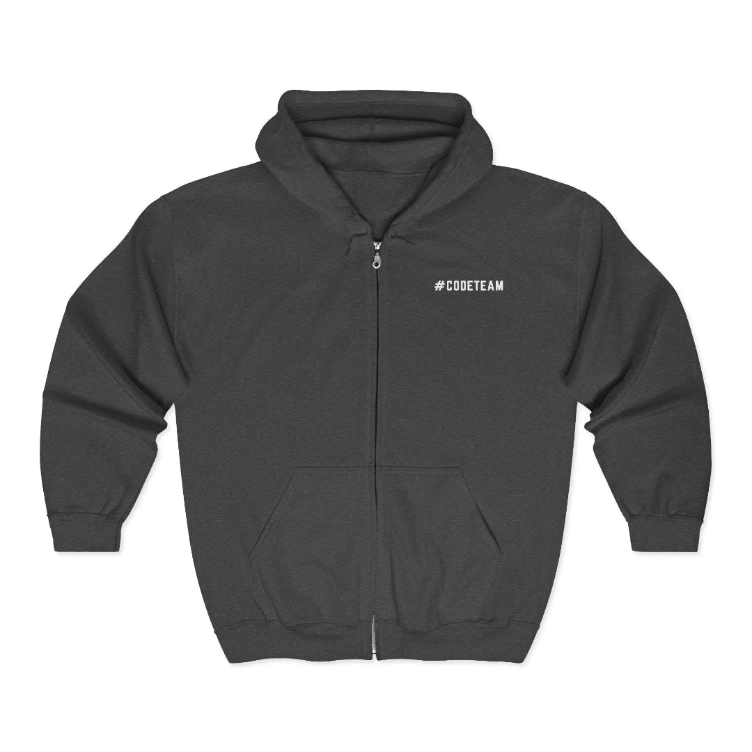 Dark gray hoodie with '#CODETEAM' text on a white background