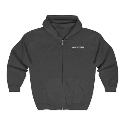 Dark gray hoodie with '#CODETEAM' text on a white background