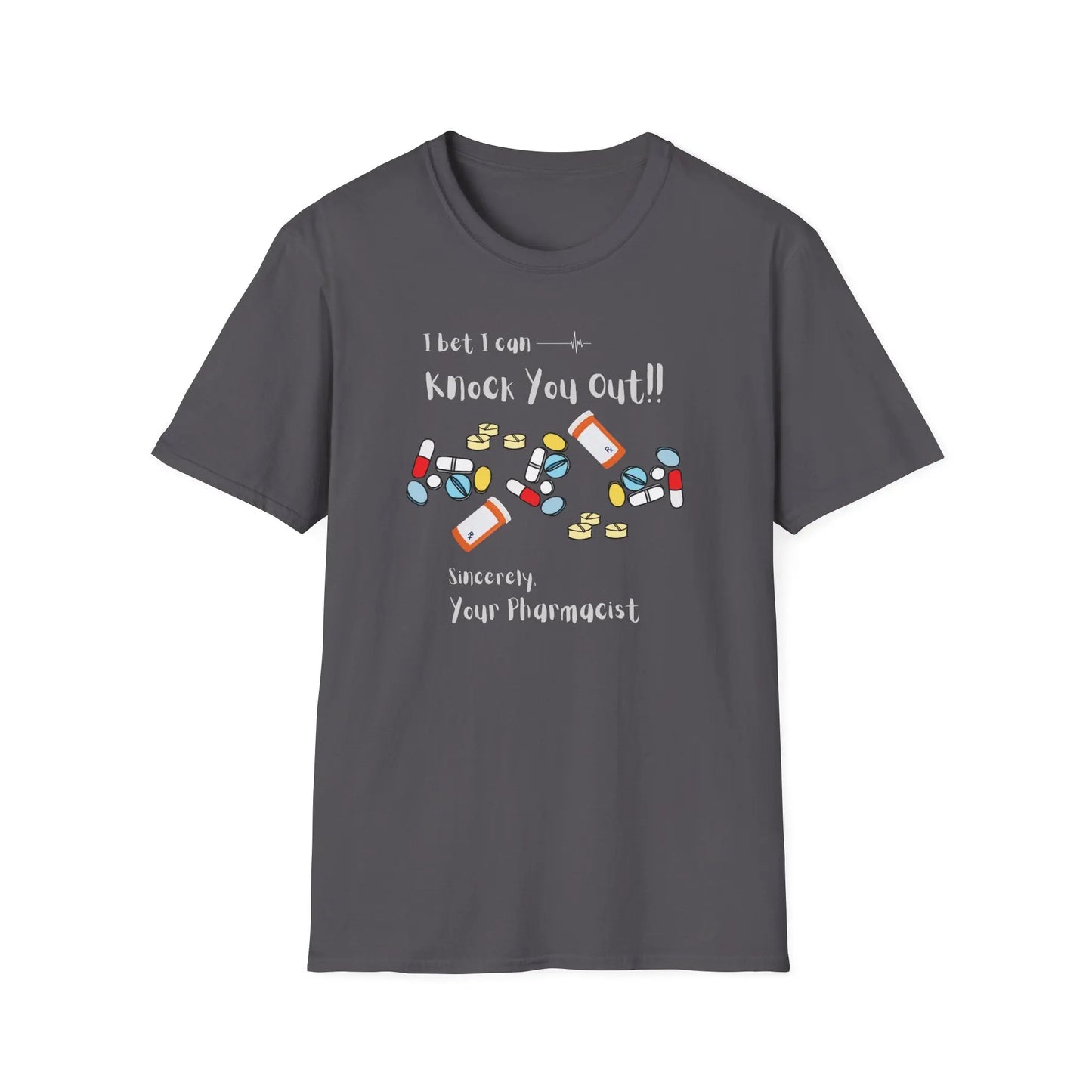 Gray t-shirt with humorous pharmacy-themed graphic and 'I Bet I Can Knock You Out' text on a white background