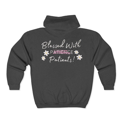 Gray hoodie with text 'Blessed With Patience Patients!' on a white background
