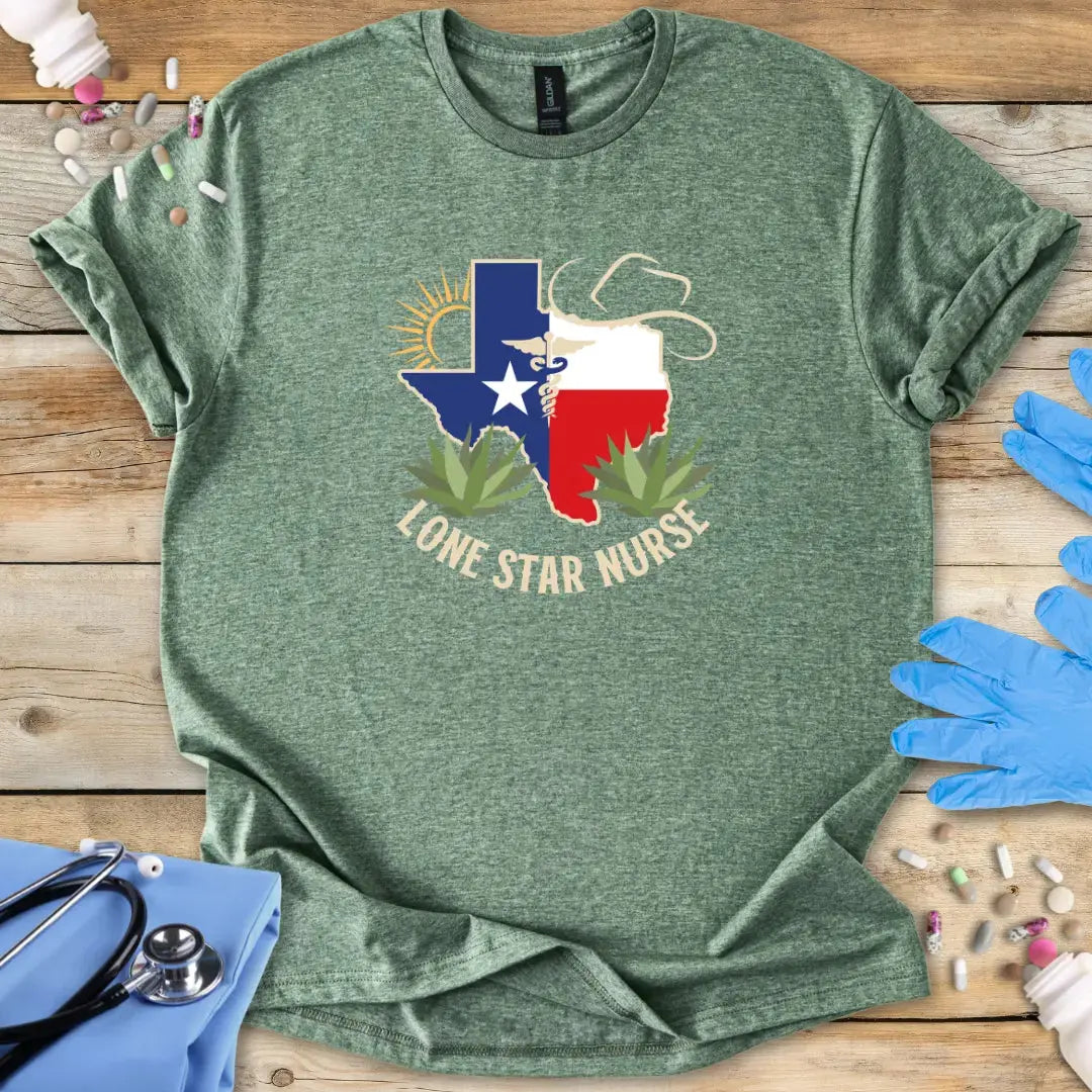 Green med t-shirt with 'Lone Star Nurse' design on a wooden surface with medical supplies.