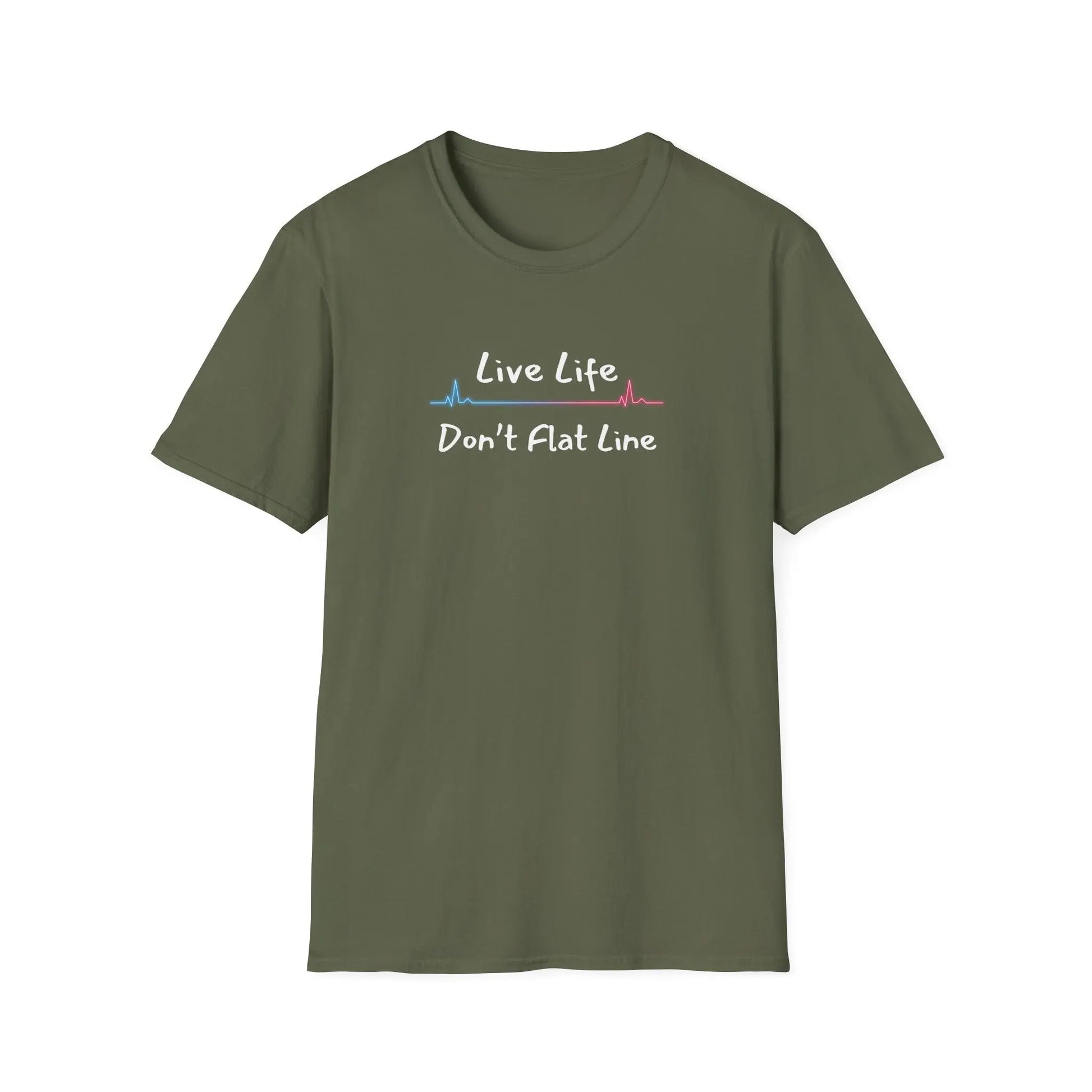 Green t-shirt with 'Live Life Don't Flat Line' text and heartbeat logo on a white background