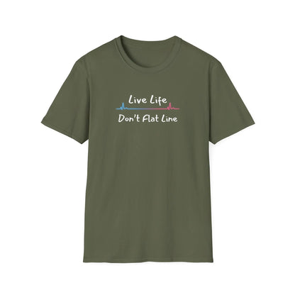 Green t-shirt with 'Live Life Don't Flat Line' text and heartbeat logo on a white background