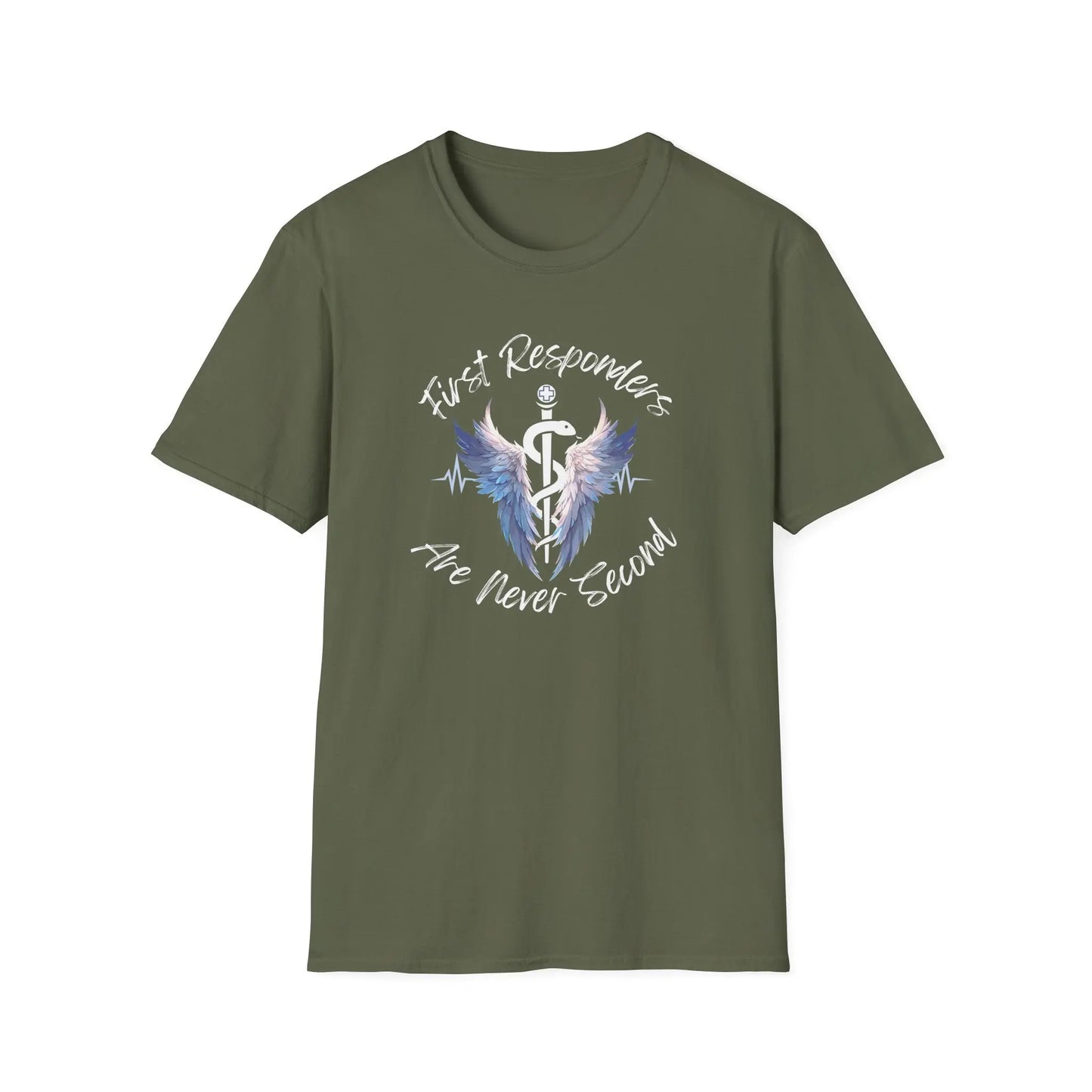 Military Green T-Shirt with a text of First Responders are never second with a logo of Rod of Asclepius