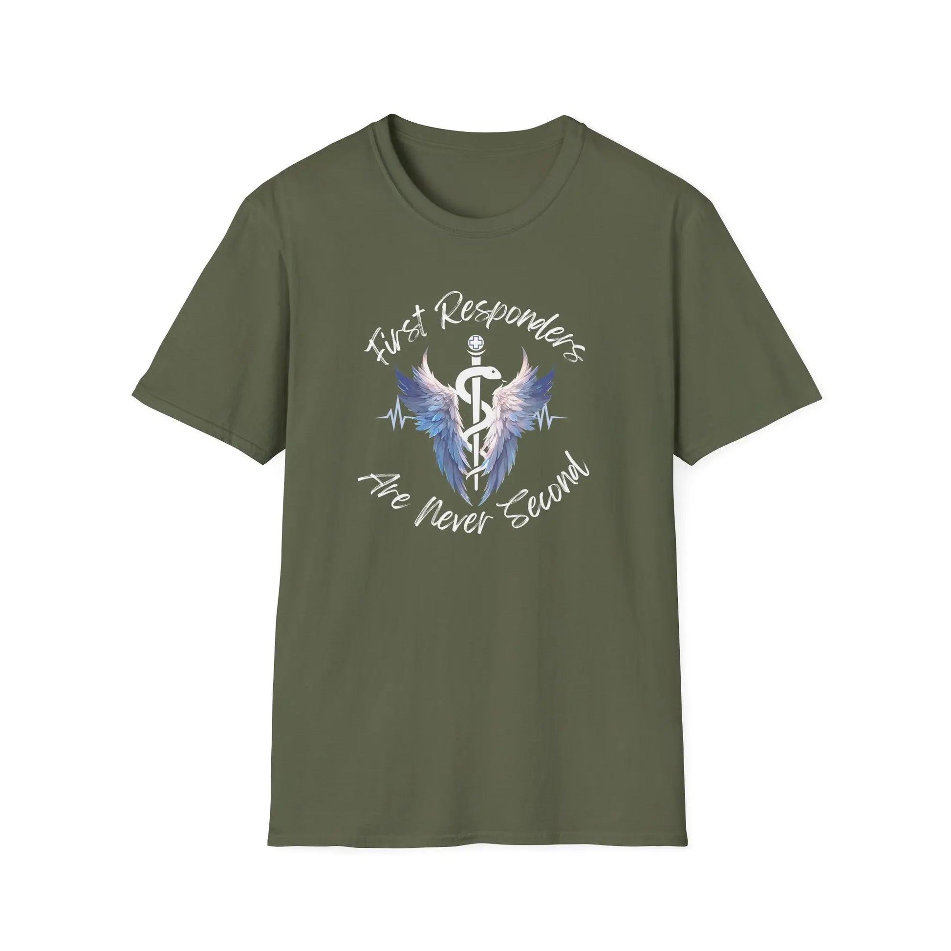 Military Green T-Shirt with a text of First Responders are never second with a logo of Rod of Asclepius