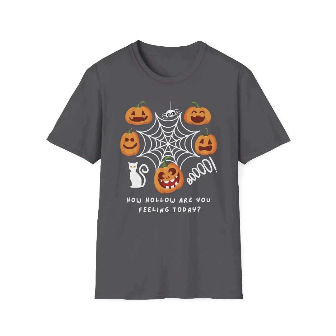 Gray t-shirt with Halloween logo featuring pumpkins and 'How Hollow Are You Feeling Today?' text on a white background