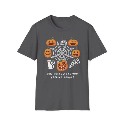 Gray t-shirt with Halloween logo featuring pumpkins and 'How Hollow Are You Feeling Today?' text on a white background