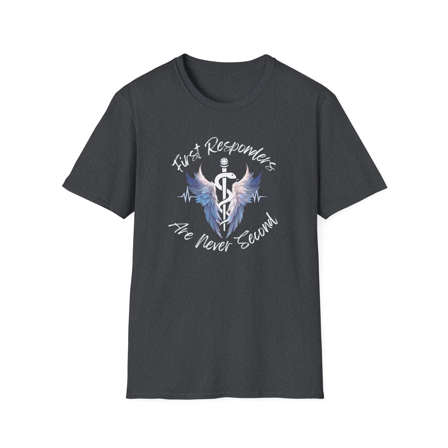 T-Shirt with a text of First Responders are never second with a logo of Rod of Asclepius Grey