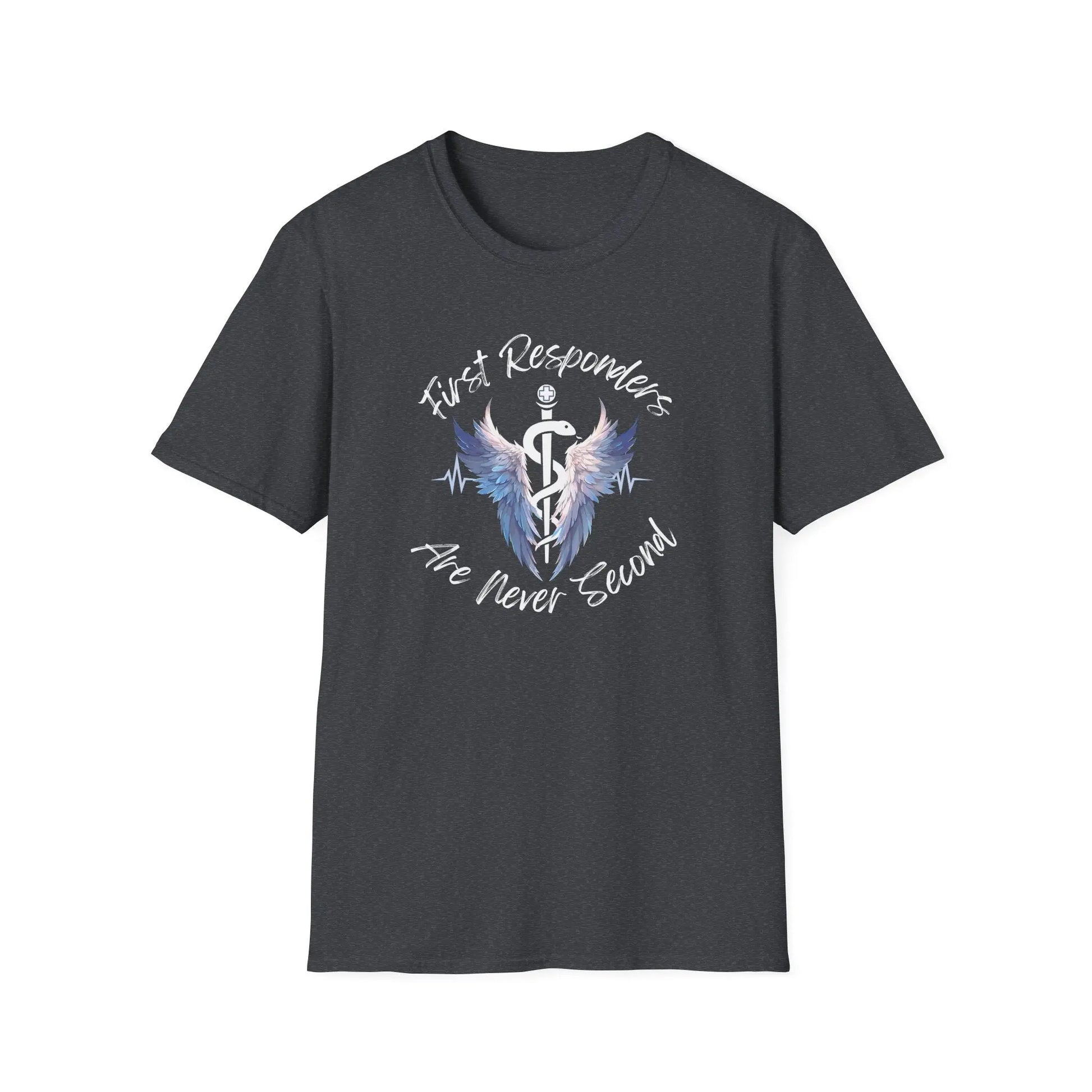 T-Shirt with a text of First Responders are never second with a logo of Rod of Asclepius Grey