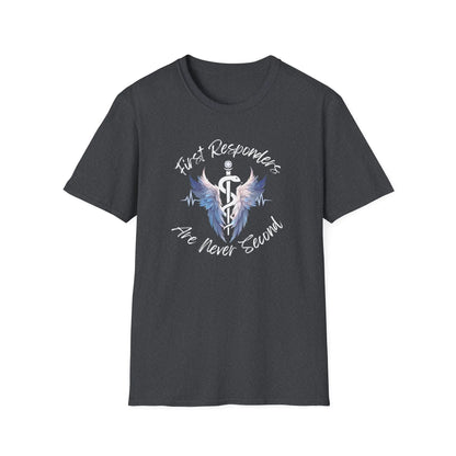 T-Shirt with a text of First Responders are never second with a logo of Rod of Asclepius Grey