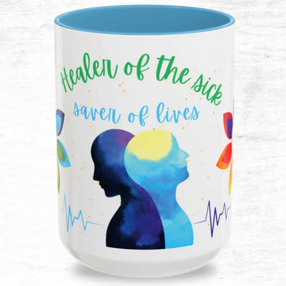 Mug with colorful design and text 'Healer of the sick, saver of lives' on a white background