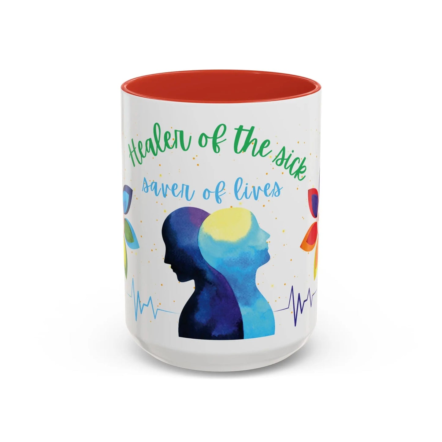 Mug with colorful design and 'Healer Of The Sick Saver Of Lives' text on a white background
