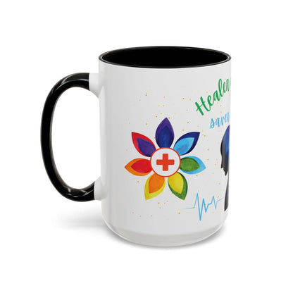 White mug with a colorful flower design and black handle on a white background