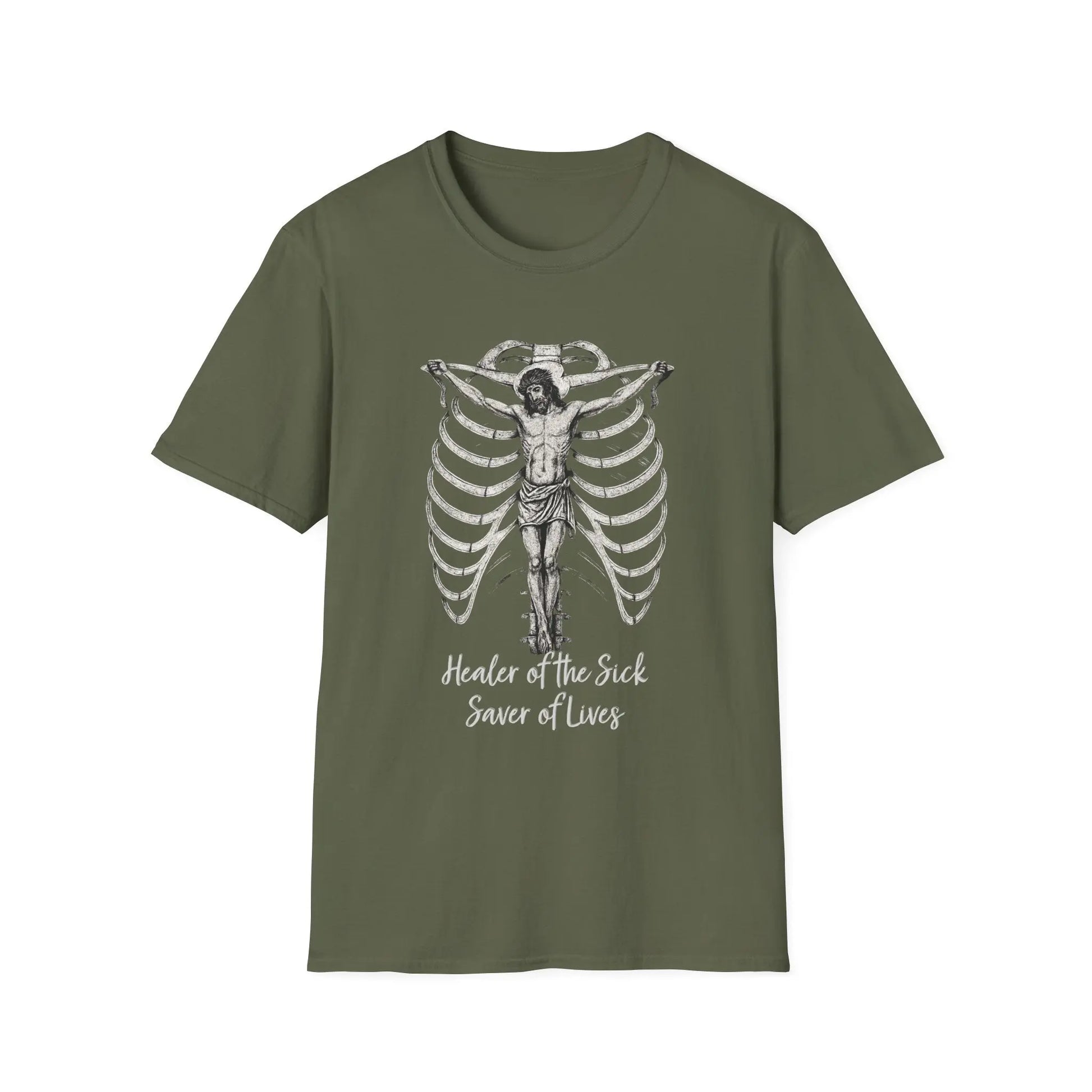 Military green t-shirt with a medical graphic design on a white background