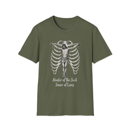 Military green t-shirt with a medical graphic design on a white background